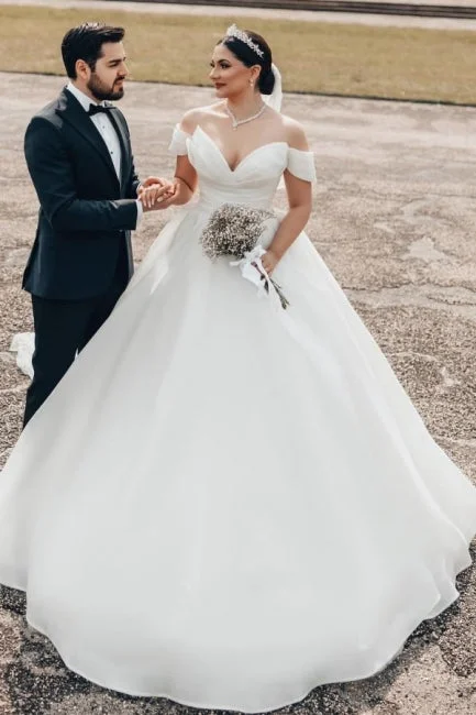 Princess Long White Off-the-shoulder A-line V-neck Organza Satin Wedding Dress Empire Waist Gown Princess Long White Off-the-shoulder A-line V-neck Organza Satin Wedding Dress Empire Waist Gown