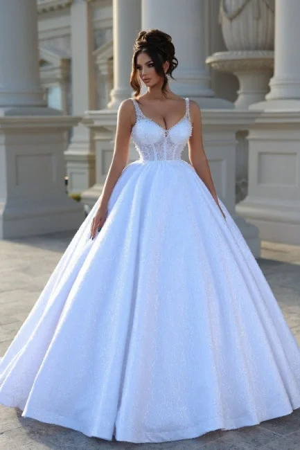 Sexy Floor-Length Straps Sleeveless V-Neck Beadings Ball Gown Wedding Dresses with Lace Off-shoulder Wedding Gown Sexy Floor-Length Straps Sleeveless V-Neck Beadings Ball Gown Wedding Dresses with Lace Off-shoulder Wedding Gown