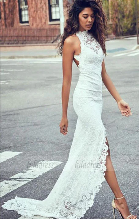 Sexy Lace Long Wedding Dresses Mermaid High Slit Bridal Gowns Backless White Lace Gown