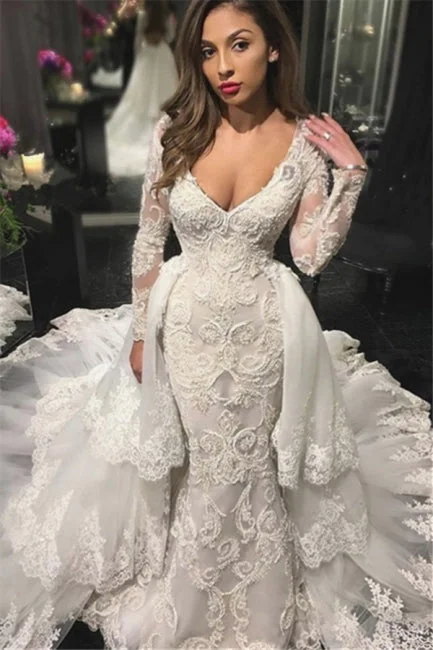 V-neck Beads Appliques Wedding Dresses with Sleeves | Mermaid Overskirt Sexy Bride Dresses Tiered Wedding Dress V-neck Beads Appliques Wedding Dresses with Sleeves | Mermaid Overskirt Sexy Bride Dresses Tiered Wedding Dress