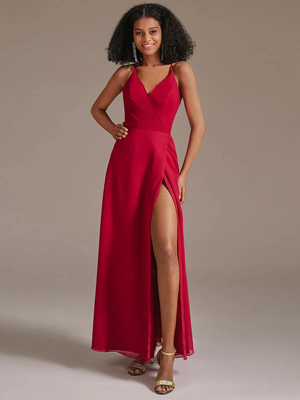 V Neck Backless Chiffon Bridesmaid Dresses with Slit Beaded Wedding Gown