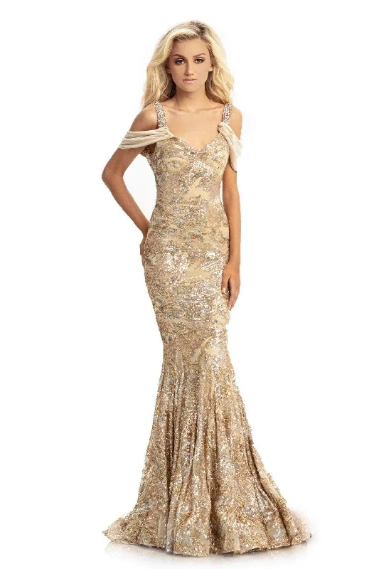 Johnathan Kayne - Draped Shoulder Sequined Velvet Mermaid Gown 9013 - 1 pc Champagne/Gold In Size 10 Available ASOS party dresses