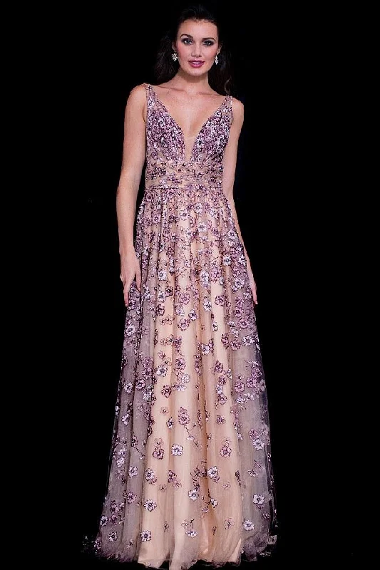 Jovani - 58649 Ruched V-Neck Floral Embroidered Evening Gown Edgy party dresses