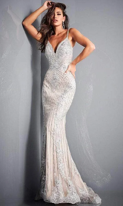Jovani - Embellished Plunging Evening Gown 05752SC - 1 pc Silver/Nude In Size 14 Available Best party dresses for tall women Jovani - Embellished Plunging Evening Gown 05752SC - 1 pc Silver/Nude In Size 14 Available Best party dresses for tall women