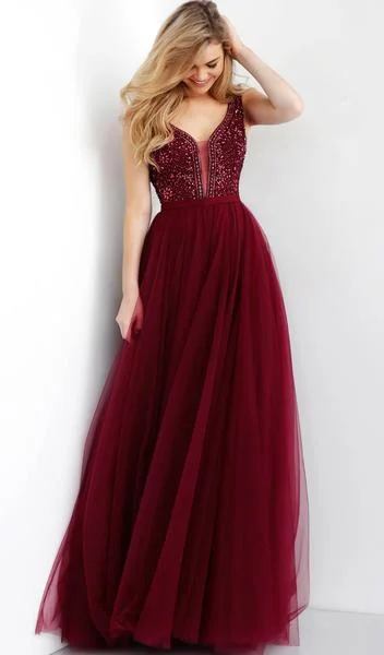 Jovani - Embellished V-neck Tulle Ballgown 67203SC - 1 pc Blush In Size 8 and 1 Pc Burgundy in Size 12 Available Fashion Nova party dresses Jovani - Embellished V-neck Tulle Ballgown 67203SC - 1 pc Blush In Size 8 and 1 Pc Burgundy in Size 12 Available Fashion Nova party dresses