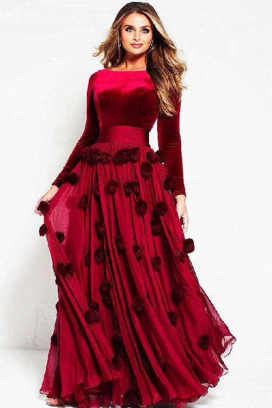 Jovani Fur Poms Bateau Long Sleeves Evening Gown 48730 - 1 pc Burgundy In Size 8 Available Glamorous party dresses Jovani Fur Poms Bateau Long Sleeves Evening Gown 48730 - 1 pc Burgundy In Size 8 Available Glamorous party dresses