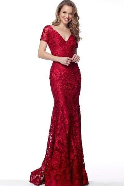 Jovani - Short Sleeve Lace Embroidered Fitted Evening Dress 68446SC- 1 pc Burgundy In Size 6 and 1 pc Navy in Size 4 Available Street style party dresses Jovani - Short Sleeve Lace Embroidered Fitted Evening Dress 68446SC- 1 pc Burgundy In Size 6 and 1 pc Navy in Size 4 Available Street style party dresses