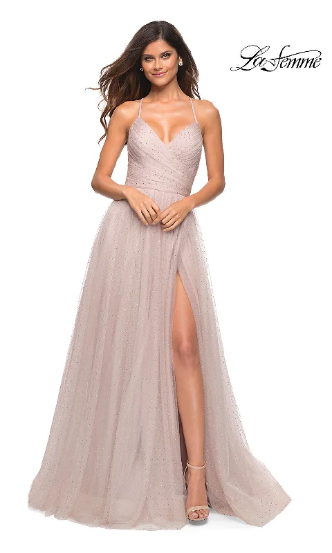 Lace-Up Back Long Prom Ball Gown by La Femme Comfortable party dresses for all-night wear Lace-Up Back Long Prom Ball Gown by La Femme Comfortable party dresses for all-night wear