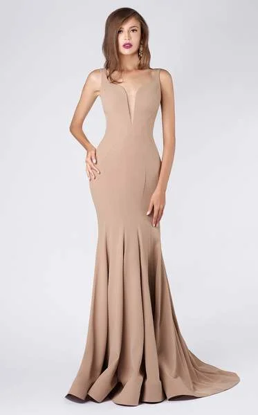MNM COUTURE - Illusion V Neck Crepe Trumpet Evening Gown M0008 Fall party dresses