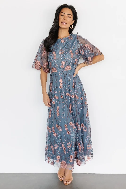 Arabella Embroidered Tulle Maxi Dress | Blue + Pink Cheap maxi dresses