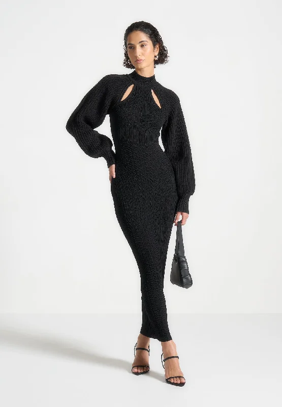 Balloon Sleeve Knitted Contour Maxi Dress - Black Sexy little black maxi dresses
