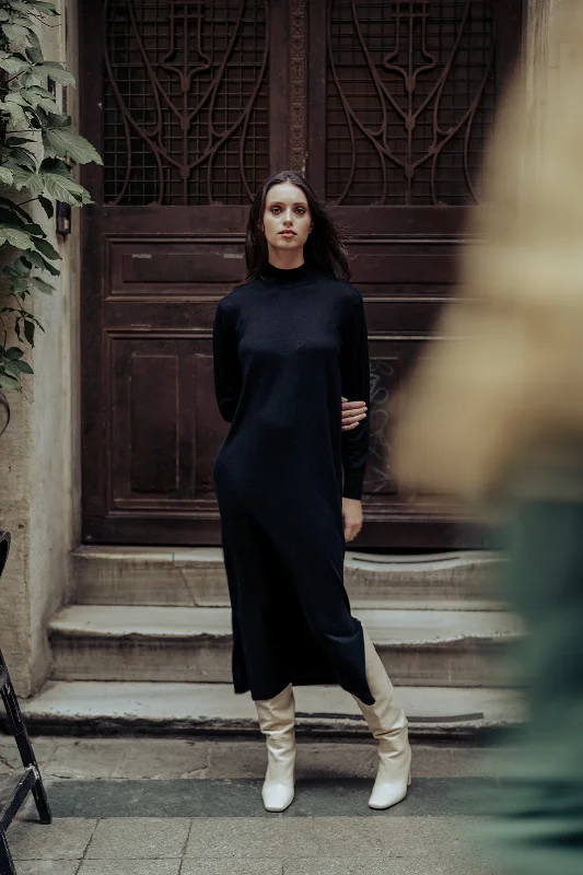 Black Silk Cashmere Aleyna High Collar Long Sleeve Women's Dress Sexy maxi dresses