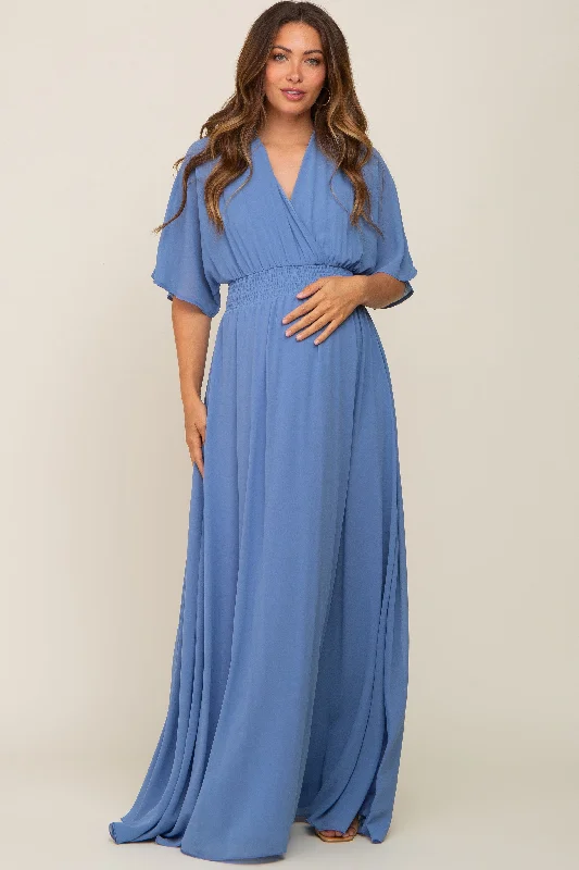 Blue Chiffon V-Neck Smocked Waist Maternity Maxi Dress Flowy maxi dresses