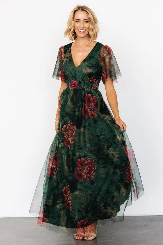 Cressida Tulle Maxi Dress | Dark Green + Red Floral Boohoo maxi dresses