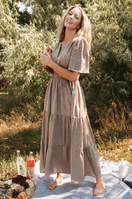 Danielle Tiered Maxi Dress | Brown Print Long sleeve maxi dresses