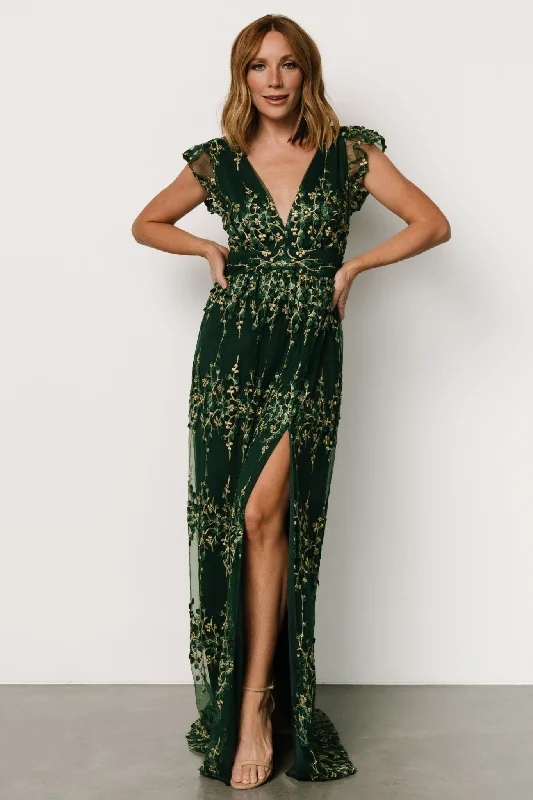 Eva Embroidered Maxi Dress | Green + Gold Denim maxi dresses