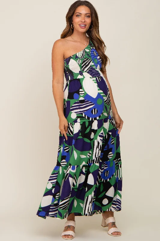 Green Printed One Shoulder Tiered Maternity Maxi Dress Corset maxi dresses