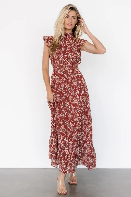 Kearny Ruffle Maxi Dress | Rust Print Best maxi dresses for petites
