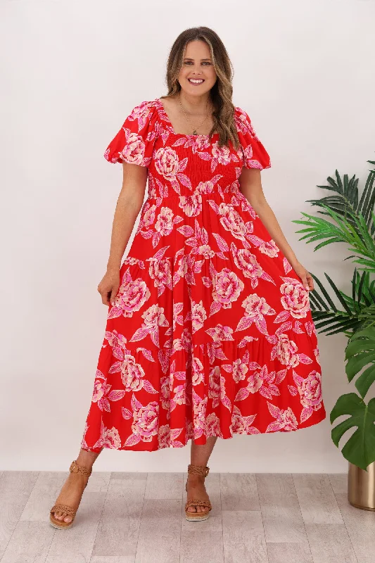 Lillie & Mia Rowan Shirred Rose Print Maxi Red Pink Expensive maxi dresses