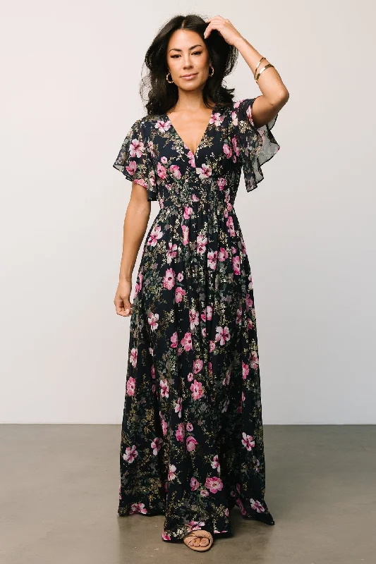 Lynlee Metallic Maxi Dress | Dark Blue + Pink Best maxi dresses for elegant looks