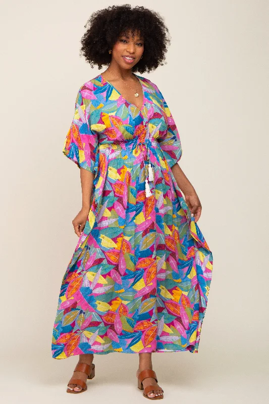 Magenta Multicolor Leaf Pint Tassel Tie Maxi Dress Y2K maxi dresses