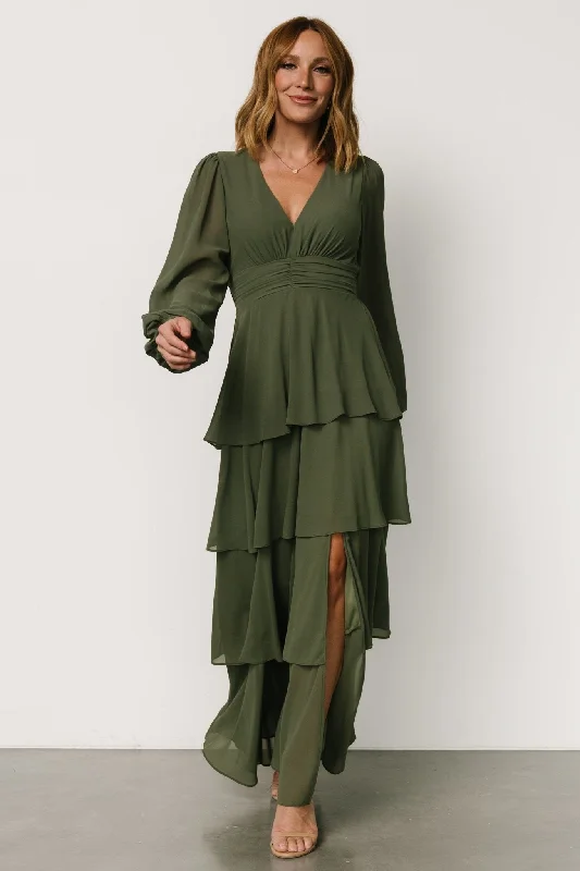 Mariella Tiered Maxi Dress | Dark Sage Velvet maxi dresses