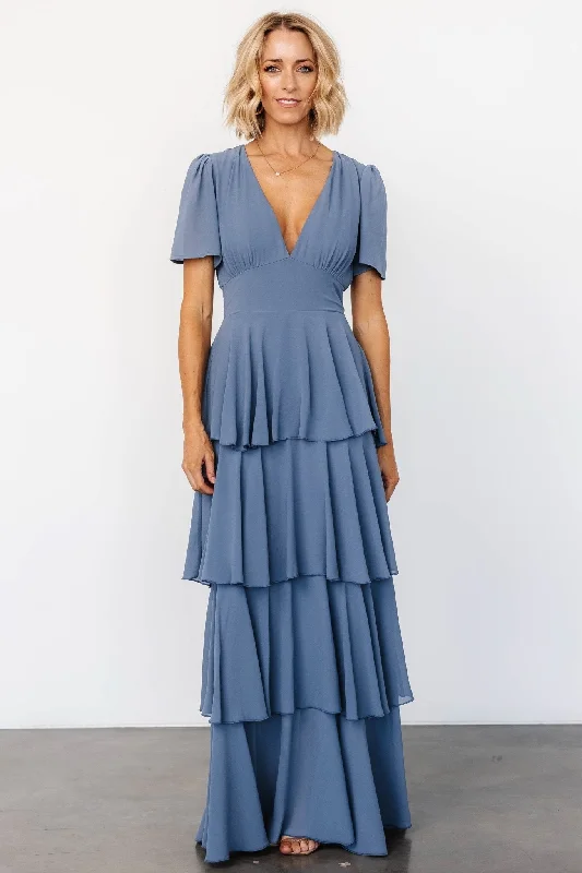 Montaigne Ruffle Maxi Dress | Whisper Blue Designer maxi dresses