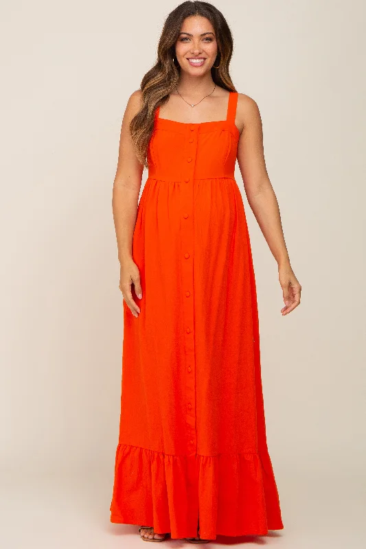 Red Orange Front Button Sleeveless Maternity Maxi Dress Affordable maxi dresses
