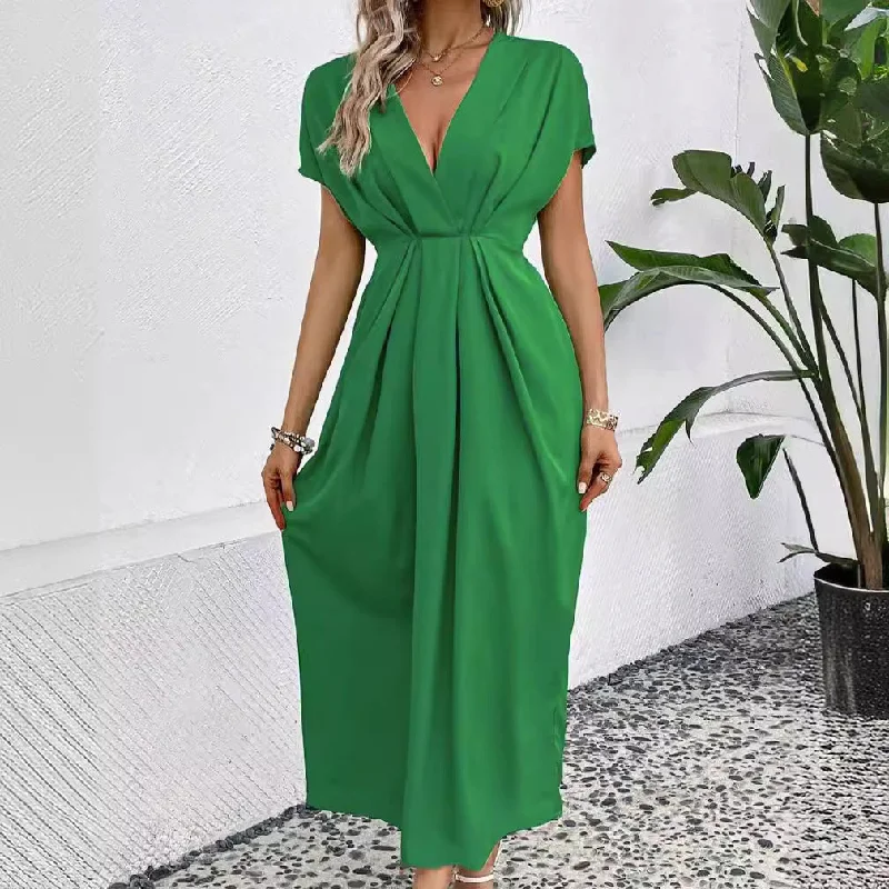 Solid Color Deep V Shoulder Sleeve Folding Elastic Waist Long Dress Tiered maxi dresses