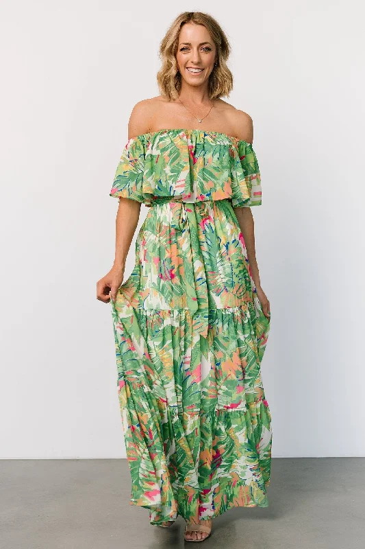 Sonoma Off Shoulder Maxi Dress | Green Multi Chiffon maxi dresses