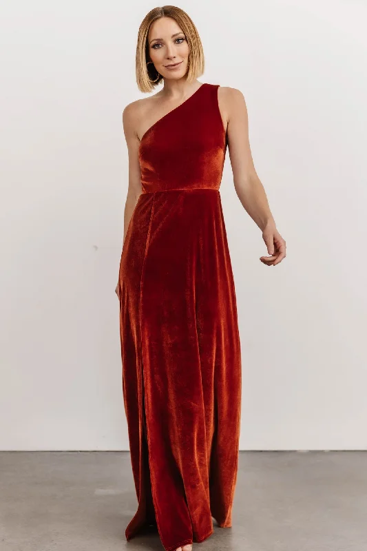 Tatiana Velvet One Shoulder Maxi Dress | Rust Halter maxi dresses