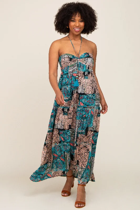 Teal Printed Halter Tassel Front Tie Maxi Dress Hot new arrivals in maxi dresses