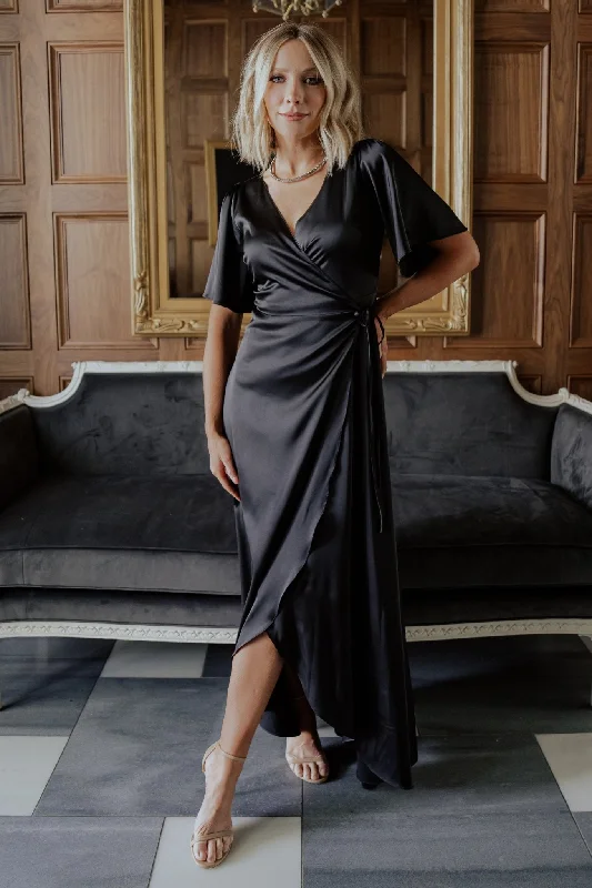 Vara Satin Maxi Wrap Dress | Black Summer party maxi dresses