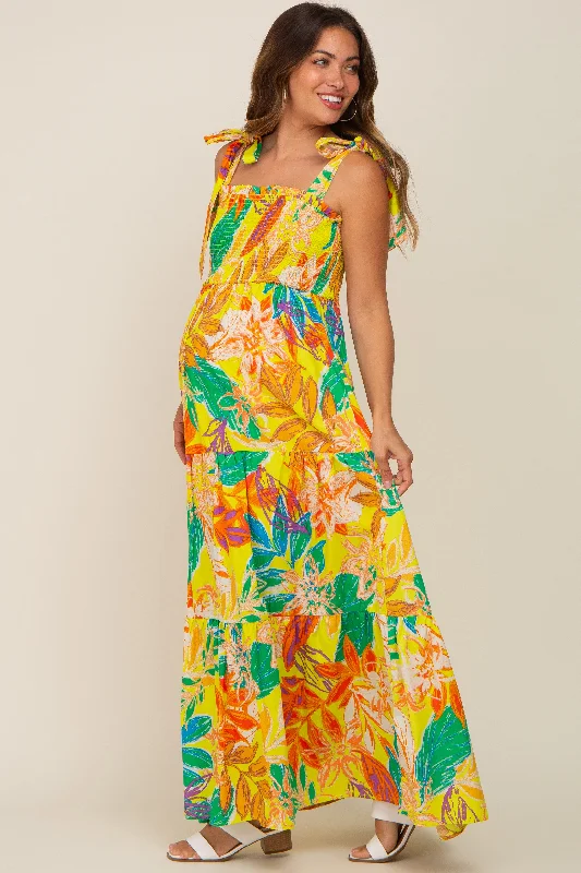 Yellow Tropical Print Smocked Tie Sleeve Maternity Maxi Dress Glamorous maxi dresses