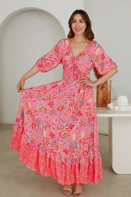 Beverly V-Neck Midi Dress | Pink Floral Luxury midi dresses