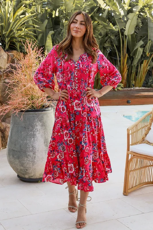 Sarah 3/4 Sleeve Midi Dress | Pink Multi Designer midi dresses