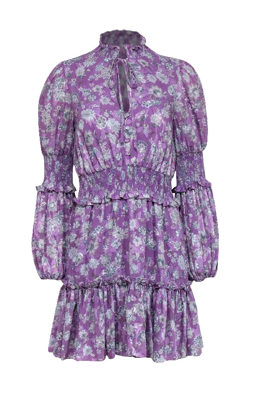 Alexis - Purple w/ Beige & Slate Floral Print Smocked Jacquard Dress Sz M Lace floral dresses Alexis - Purple w/ Beige & Slate Floral Print Smocked Jacquard Dress Sz M Lace floral dresses