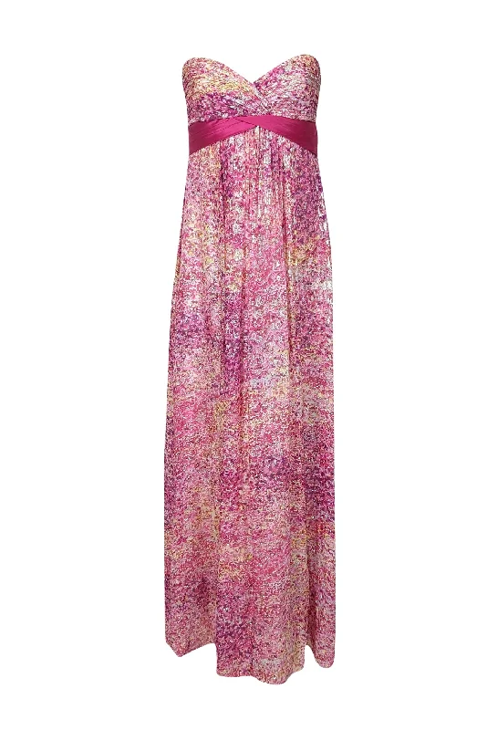 BCBG Max Azria - Pink, Yellow & Purple Sparkly Floral Print Strapless Formal Dress Sz 4 Best floral dresses for curvy figures