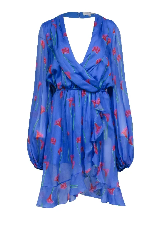 Caroline Constas - Blue w/ Pink Floral Print Silk Ruffled "Olivia" Dress Sz M Date night floral dresses Caroline Constas - Blue w/ Pink Floral Print Silk Ruffled "Olivia" Dress Sz M Date night floral dresses