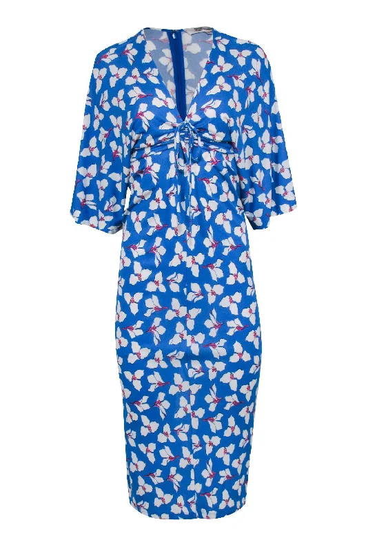 Diane von Furstenberg - Blue, White, & Pink Floral Print Ruched Bust Dress Sz XS Wrap floral dresses Diane von Furstenberg - Blue, White, & Pink Floral Print Ruched Bust Dress Sz XS Wrap floral dresses