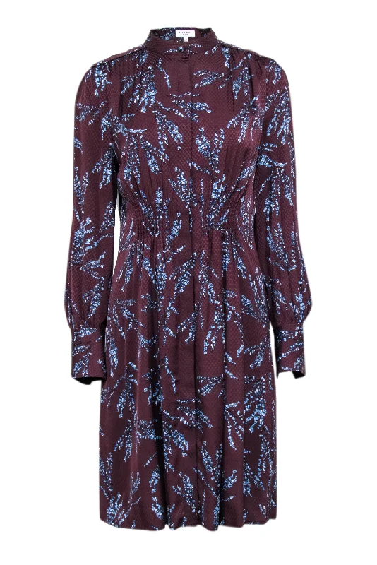 Equipment - Maroon w/ Blue Floral Print Pleated Long Sleeve Dress Sz 6 Minimalist floral dresses Equipment - Maroon w/ Blue Floral Print Pleated Long Sleeve Dress Sz 6 Minimalist floral dresses