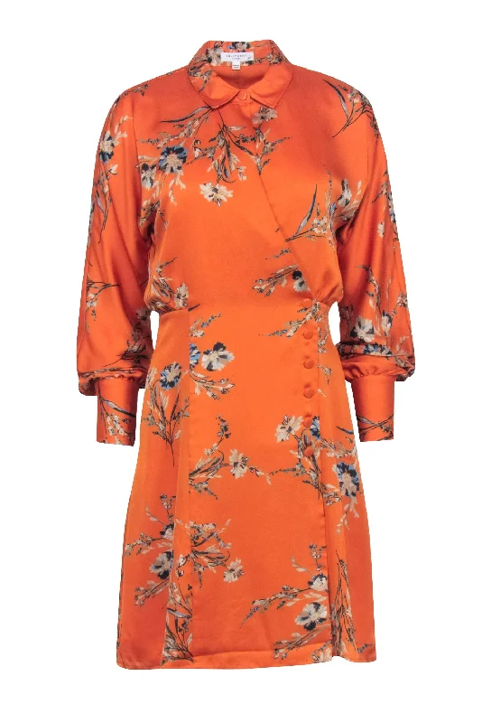 Equipment - Orange w/ Blue Floral Print Satin Wrap Dress Sz S Birthday floral dresses Equipment - Orange w/ Blue Floral Print Satin Wrap Dress Sz S Birthday floral dresses