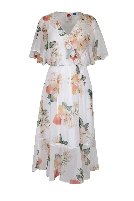 Farm - White w/ Peach Floral Print Chiffon Dress w/ Crochet Detailing Sz S Chiffon floral dresses Farm - White w/ Peach Floral Print Chiffon Dress w/ Crochet Detailing Sz S Chiffon floral dresses