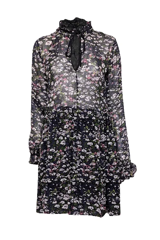 Ganni - Black Multicolor Floral Print w/ Neck Tie Long Sleeve Dress Sz 2 Midi floral dresses Ganni - Black Multicolor Floral Print w/ Neck Tie Long Sleeve Dress Sz 2 Midi floral dresses