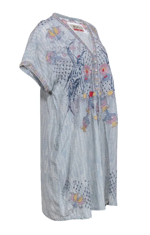 Johnny Was - Light Blue Floral Embroidered Short Sleeve Dress Sz L Affordable floral dresses Johnny Was - Light Blue Floral Embroidered Short Sleeve Dress Sz L Affordable floral dresses