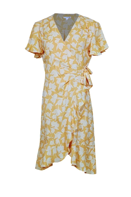 Joie - Yellow Floral Print Ruffled Wrap Dress Sz S Women's floral dresses