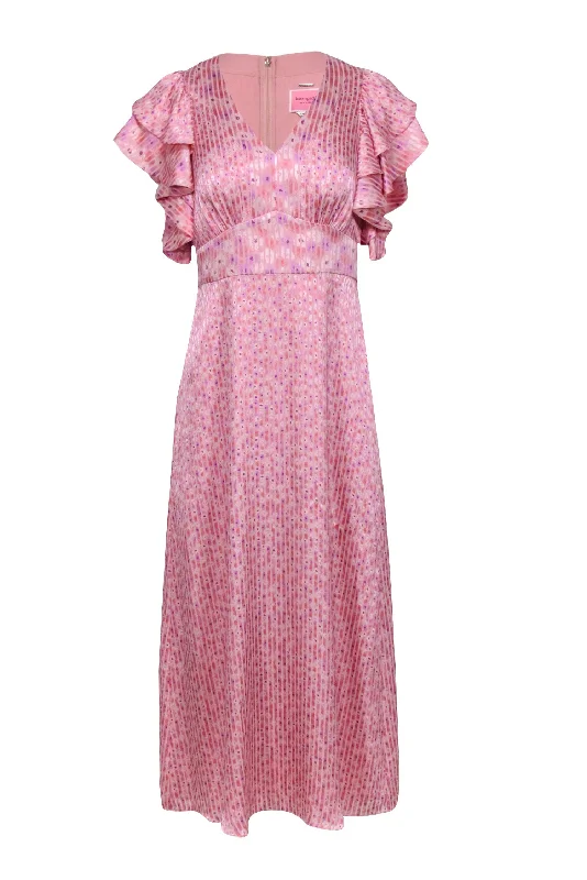 Kate Spade - Pink & Lilac Floral Striped Ruffled Shirt Sleeve Dress Sz 0 Knitted floral dresses Kate Spade - Pink & Lilac Floral Striped Ruffled Shirt Sleeve Dress Sz 0 Knitted floral dresses