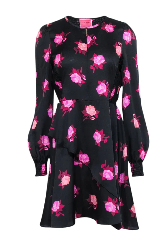Kate Spade - Black & Pink Floral Print Satin Dress Sz 10 Y2K floral dresses