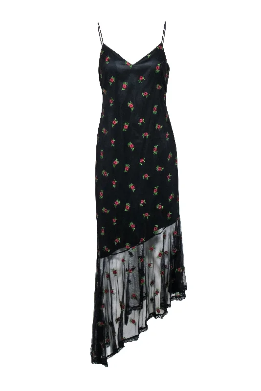 Likely - Black w/ Pink Floral Embroidered Mesh Asymmetrical Hem Dress Sz 10 Linen floral dresses Likely - Black w/ Pink Floral Embroidered Mesh Asymmetrical Hem Dress Sz 10 Linen floral dresses