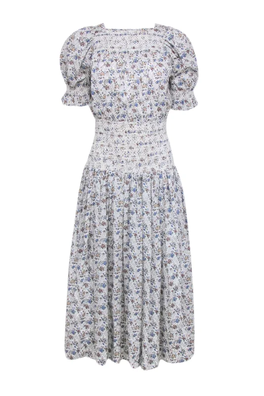 Loeffler Randall - White w/ Blue, Green, & Tan Floral Print Smoked Detail Dress Sz XS Spring floral dresses Loeffler Randall - White w/ Blue, Green, & Tan Floral Print Smoked Detail Dress Sz XS Spring floral dresses